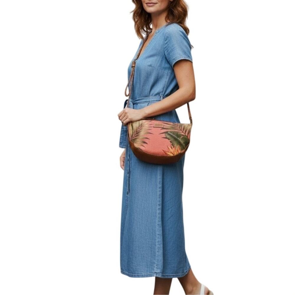 Tropical Print Crossbody Bag with Leather Accents